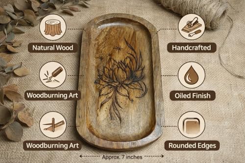 Image of Wooden Jewelry Tray, Oval Shape, L x B x H = 10 x 5 x 0.5 Inch Floral Design, Natural Wood Finish, Organizer for Rings, Necklaces, Earrings And Snacks Serving (lotus 3)