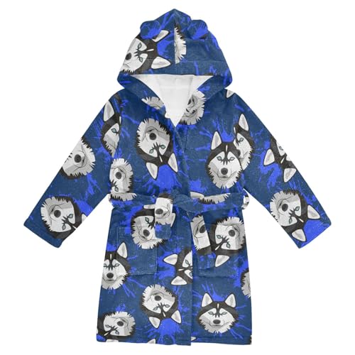 WIFIU Toddler Baby Hooded Bathrobe for Boys Girls Dog Husky Blue Background Printed, Soft Plush Bath Towel Robe with 2 Pockets for 2-3 Years