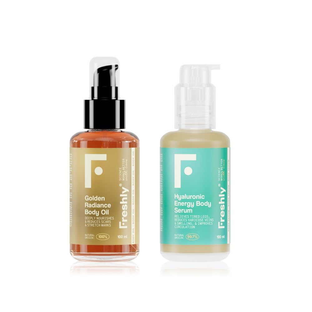 Freshly Cosmetics aceite corporal y sérum para piernas cansadas juntos Smooth Body Pack. Y consigue una piel jugosa y radiante mientras aportas alivio a tus piernas.