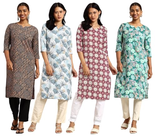 Image of JAKHANA Women's Crepe Printed Casual Straight Calf Length Round Nick Kurta Pack of 4
