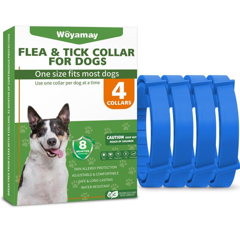 Collares Antiparasitarios para Perros, 4 Piezas Seguro y Eficaz Collar Antipulgas Perros contra Pulgas y Garrapatas, Protección de 8 Meses, Impermeable para Pequeño Mediano Grandes Perros, Azul