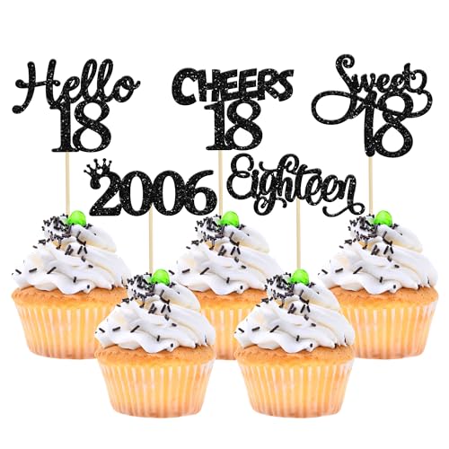 Gyufise 30 Pack Black Glitter 18th Birthday Cupcake Toppers Hello Sweet 18 Sixteen Since 2006 Cupcake Picks for Cheers to 18th Birthday Party Cake Decorations Supplies