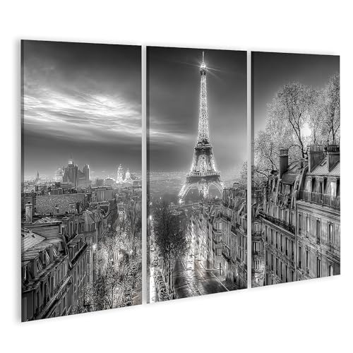 islandburner Tableau sur toile en 3 parties Motif Tour Eiffel de Paris Noir et blanc