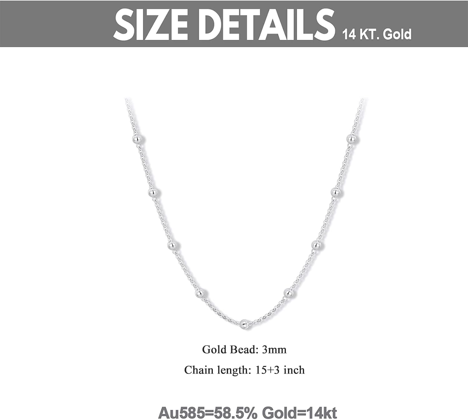 Real 14k Gold Bead Station Choker Necklace for Women, 3 MM Ball Chain Jewelry Gifts for Her, 15-18 Inch