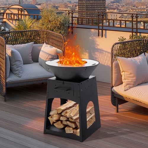 Image of Tangkula Outdoor Fire Pit with Storage, Patio Wood Burning Fireplace with Grill & Ash Box, Spacious Bottom Storage Compartment, Fire Poker & Gloves Included, Multifunctional Fire Pit for BBQ, Bonfire