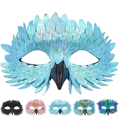 CWENDANER Élégant masque d'oiseau avec plumes 5 couleurs Demi-masque pour carnavals, bal masqué et carnaval (multicolore, pour les fêtes à thème et le carnaval) (bleu azure)