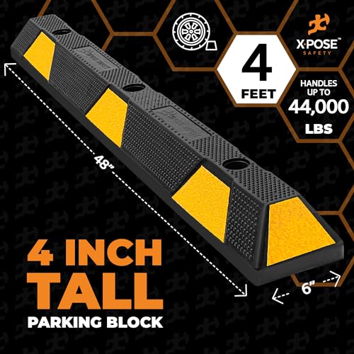 Image of Xpose Safety 48 inch Heavy Duty Rubber Parking Stopper (Bulk Half Pallet 24 Pack) - Wheel Stops, Lot Bumpers & Parking Curb for Garage, Driveway or Ramp - Car Bumper Stops with Yellow Reflective Strips