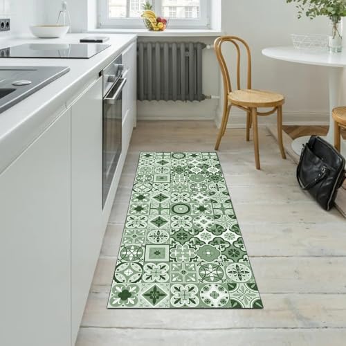 Alfombra para pasillo lavable y antideslizante con diseño boho verde oscuro de 70x300 cm 5