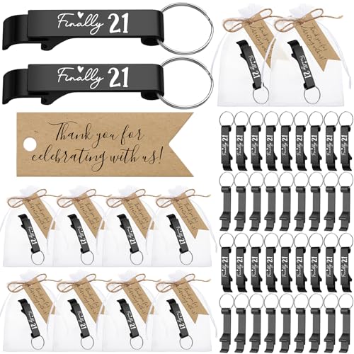 Dandat 50 Sets 21st Birthday Party Favors for Guests Finally 21 Bottle Opener Keychain Thank You Tags with Bags and Rope Birthday Anniversary Wedding Party Gifts Supplies(Black)