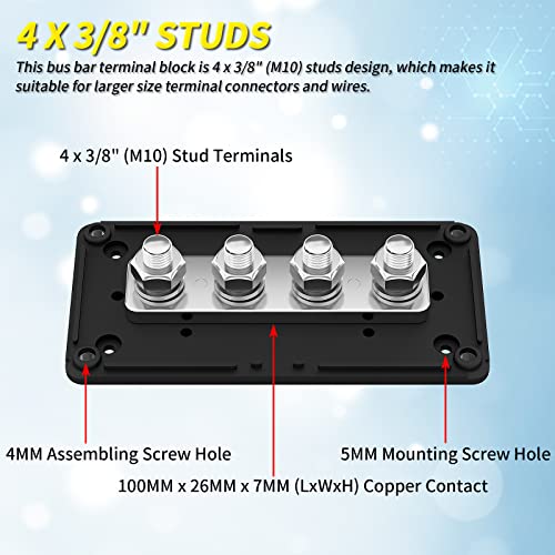 Joinfworld 300A Bus Bar 12V Dc Waterproof Power Distribution Block 3/8" (M10) 4 Studs Heavy Duty Busbar Terminal Block 12 Volt Junction Block For Marine Car Solar -Positive&Ground #TOP2