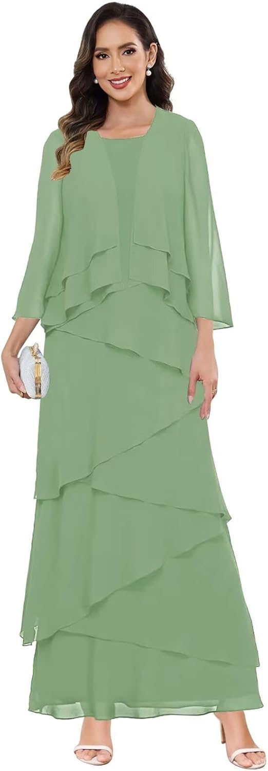 Djqpi 2 Pieces Chiffon Mother of The Bride Dresses with Jacket Ruffles Long Sleeves Formal Evening Gowns