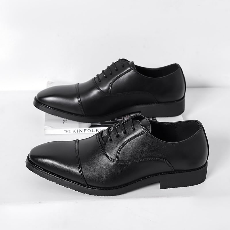 Oxford Formal Shoes for Men Lace Up Pointed Burnished Toe Vegan Leather Cap Toe Oxford Shoes Rubber Sole Non Slip Low Top Block Heel Slip Resistant(Black,8)4
