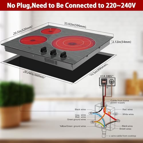 Image of Karinear 24'' Electric Cooktop 3 Burners Ceramic Cooktop,Built-in Electric Stove Top with Beautiful Wooden Pattern, Knob Control, Over-Temperature Protection, 220-240v, 5700W, Hard Wire (No Plug)