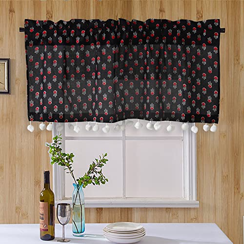 Image of Ravaiyaa - Attitude is everything Hand Printed Half Window Kitchen Curtain 100% Cotton Short Drapery Valance Curtain 40 inch X 18 inch Inch (Black Red Floral)