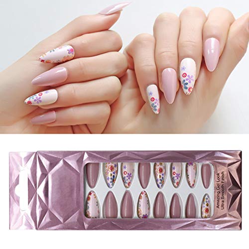 AORAEM False Stiletto Nails 24Pcs Acrylic Artificial Press on Nails with Glue Stickers Full Cover Acrylic False Nails Kit for Women and Girls (LJ04)