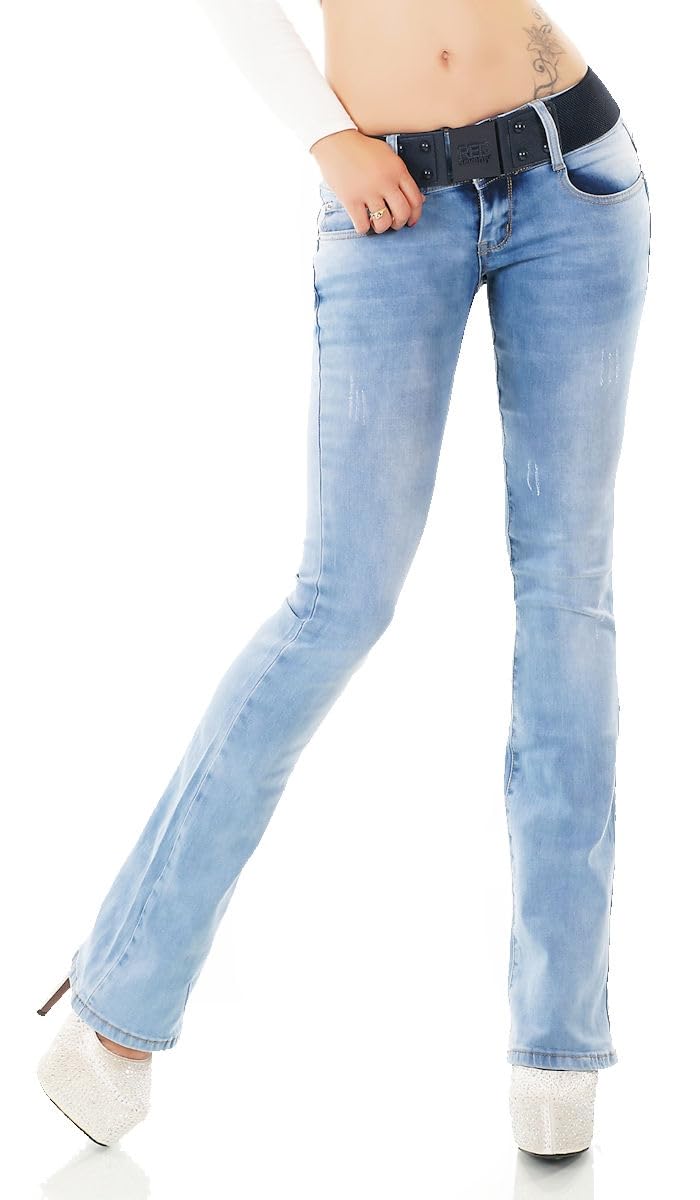 Damen Slim Fit Stretch Bootcut Schlag Jeans Hose inkl. Gürtel Light Blue W360