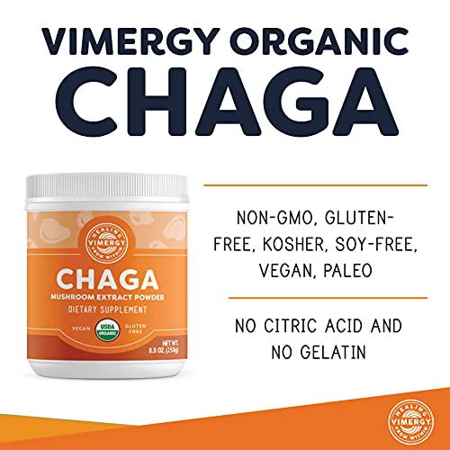 Vimergy Usda Organic Wild Chaga Mushroom Extract Powder, 166 Servings – Ideal In Chaga Tea, Coffee, Smoothies – Cardiovascular Support - Kosher, Vegan, No Gluten, Paleo - Pure Chaga, No Fillers (250G) #TOP5