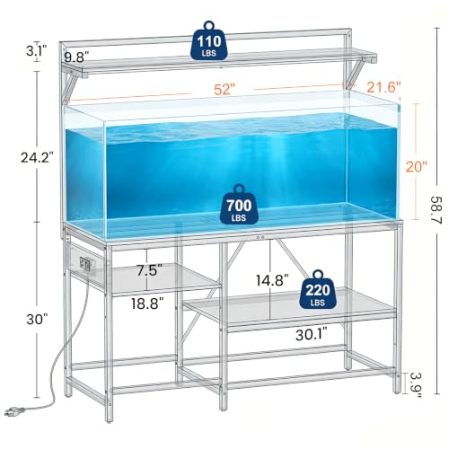 Image of 55 Gallon Fish Tank Stand, Aquarium Stand with Power Outlet, Heavy-Duty Reptile Terrarium Stand Table with Top Shelf for 55 Gallon Standard Long-Type Model, 52 inch L x 21.6 inch W x 30 inch H(Black)
