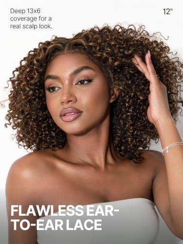 Image of Veralux Fiber Blend Human Hair 200% Density Short Curly Wigs for Black Women 13X6 HD Lace Frontal Glueless Wig 12 Inches Highlight Brown Color Ready to Go Headband Wig