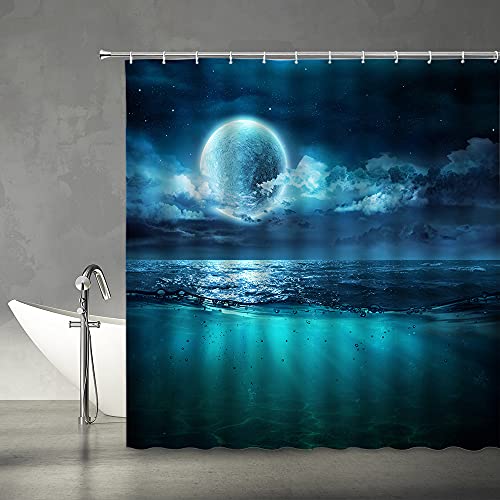 Moon Shower Curtain Ocean Full Moon Moonlight Starry Sky Cloud Dreamy Night Seascape Nature Scene Teal Blue Fabric Bathroom Decor Set With Hooks（70" Wx70 H） #TOP1