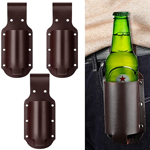 3 Pcs Beer Holster Classic PU Leather Beer Holster Bottle Holders Drink Belt Waist Bag Drink Holder for Travel Outdoor, Espresso Brown