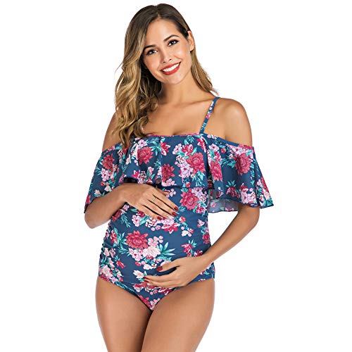 seafanny Women Maternity Swimsuits Flounce Floral Ruffled One Piece Bathing Suits (Blue, S)