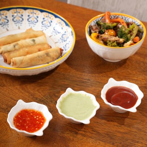 Image of HOME 360 Premium White Ceramic Dip Bowl Set of 3 | Wavy Square Mini Dishes & Condiment Serving Bowls | Elegant Pinch Bowls for Ketchup, Salsa, Chutney & DIps (3, Leaf DIp Bowls)