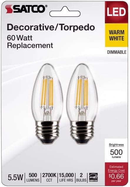 Satco S21837 - Bombilla LED B11 de 5.5 W, transparente, base media, 2700 K, 500 lúmenes, 120 voltios, paquete de 2
