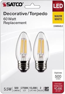 Satco S21837 5.5 Watt B11 LED Bulb, Clear, Medium Base, 2700K, 500 Lumens, 120 Volt, 2- Pack