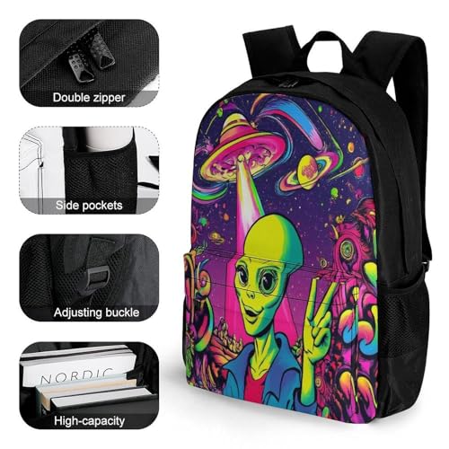 Backpack with Zippered Side Pockets, Unisex Trippy Space Alien Weed Art Breathable Backpack for Hiking, Gym, Fashion Adjustable Shoulder Bag3