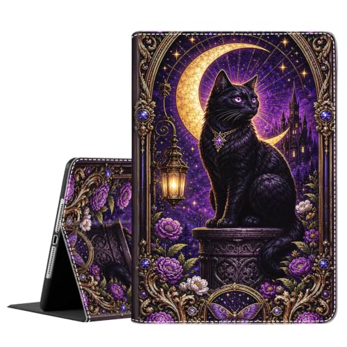 Case for Samsug Galaxy Tab A 10.1 inch 2016（No S Pen Version） SM-T580 T585 T587, Slim Fit Foldable Standing Cover with Auto Sleep/Wake, Black Cat Window Crescent Moon