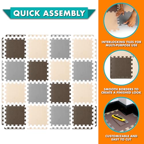 Image of ProSource Baby Play Mat, Soft Foam Floor Tiles for Kids, Interlocking EVA Panels for Playpen Use, Crawling Development Surface, Safe Non-Toxic Toddler Flooring, 16 Tiles, Brown /Beige /Gray