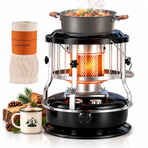 Kerosene Heaters for Indoor Use, 9000 BTU Portable 2-in-1 Radiant Heater & Stove with 1.22 Gal Tank, 15-17H Runtime, Height Adjustable for Garage Camping，Black