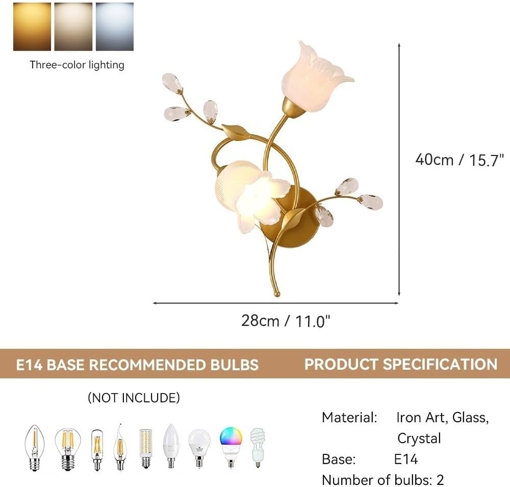 French Cream Wall Sconce, Gold Floral Wall Light, 2-Light Glass Flower Mounted Lamp with Crystal Accents for Bedroom, Living Room, Hallway, Staircase, Bedside, Foyer Decor Parlor(Medium)