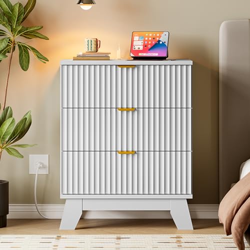 Image of BORNOON 30.5 inch Nightstand with Charging Station, 3-Drawer Fluted Bedroom Chest, Wood Bedside Dresser with Power Outlets and USB Ports, Metal Slides, Stable Base, Modern Storage Cabinet for Small Spaces