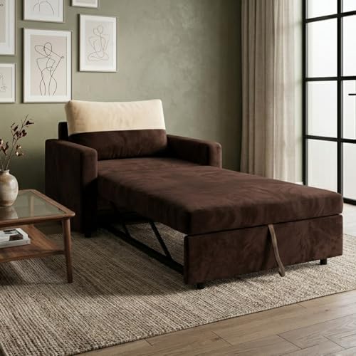 Image of SOCOZI Enrique 1 Seater Sofa Cum Bed | Soft Velvet Suede Fabric | Modern Convertible Design | Plush Comfort Seating for Living Room (Dark Brown)