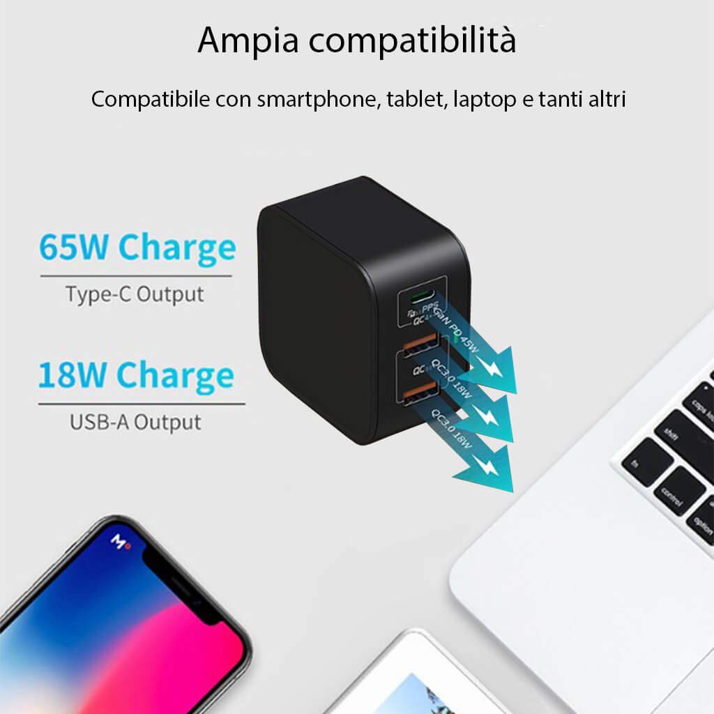 NewNet - USB-C Caricatore Multiplo PD 65W con GaN Tech Caricabatterie da Muro USB C + USB A per Mac Book PRO/Air Pad dell XPS 13 HP Lenovo Thinkpad Nintendo Switch Galaxy Huawei