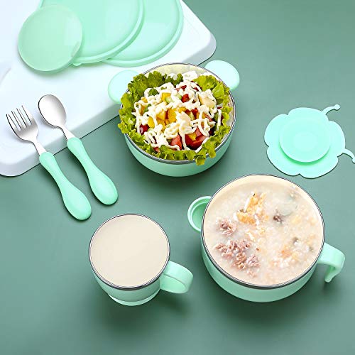 Children\'s Dinnerware Set, TOPBOOC Toddler Dinning Set,BPA Free Kids Tableware Include Bowl, Water Bottle, Suction Plate and Utensil Set Spoon and Fork(Green)