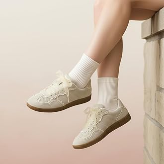 CUSHIONAIRE Belinda Women’s Lace Detail Casual Sneakers – Elegant Ribbon Lace-Up Shoes with Memory Foam