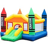 Costzon Inflatable Bounce House, Castle Jumper Slide Mesh Walls, Kids Party Jump Bouncer House w/ Repairing Kit, Stakes, Carry Bag Without Blower (Crayon Theme)