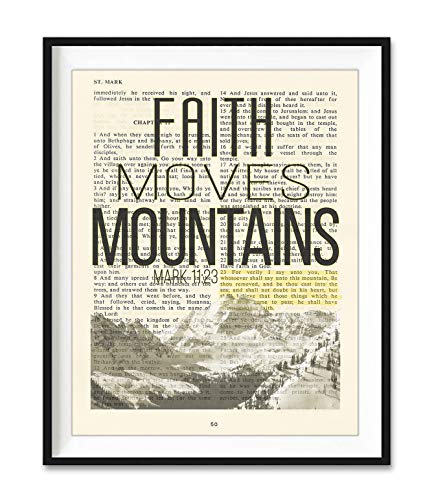 Vintage Bible Page Verse Scripture, Faith Moves Mountains, Mark 11:23, Christian Art Print, Unframed, Christian Wall and Home Decor Poster, All Sizes
