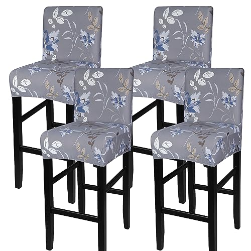 Image of SearchI Bar Stool Covers Set of 4, Stretch Washable Barstool Seat Covers, Counter Height Chair Covers for Kitchen Dining Room Cafe (Grey and Blue Flower)