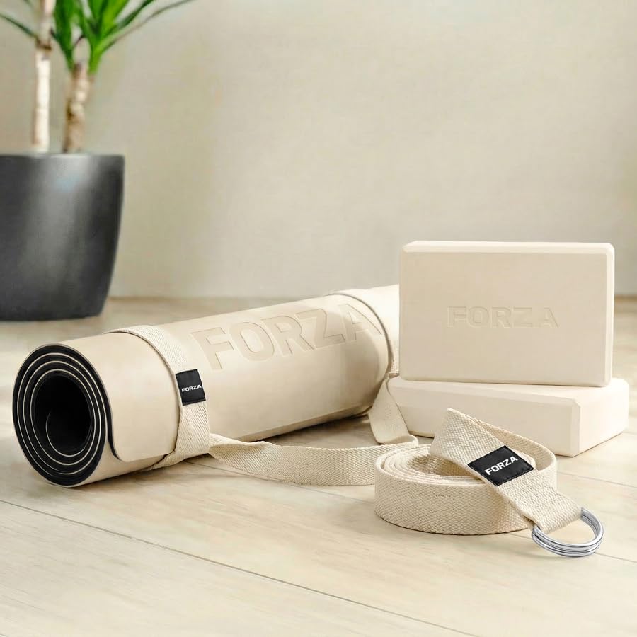 FORZA Yoga Essentials Bundle - Tapete de yoga antideslizante de poliuretano + bloques de EVA + correa de yoga ajustable + correa de transporte - Juego completo de yoga en casa y estudio, pilates y