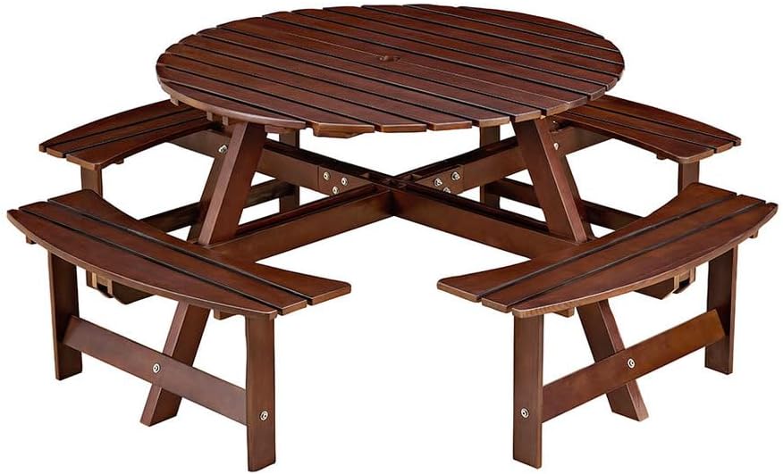 Kids Picnic Table, 8 Person Outdoor Picnic Tables & Benches Set with Umbrella Hole and 4 Built-in BenchesOutside Table and Bench Set for Park, Garden, Backyard, Patio,Brown