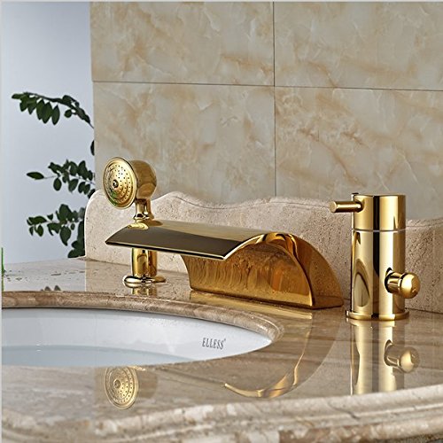 Mitigeur cascade baignoire laiton doré LED avec douchette manuelle