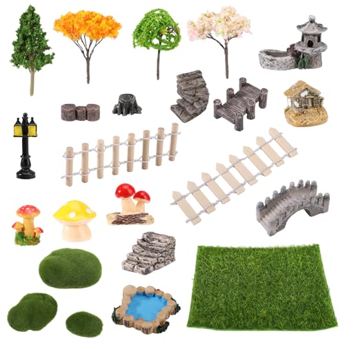 BOXOB 23 Pièces Accessoires de Jardin Miniatures, Accessoires d'Enclos pour Araignées Sauteuses Mini Pont Clôture Étang Lampadaire Champignon Figurines de Pelouse pour Habitat d'Araignées Sauteuses