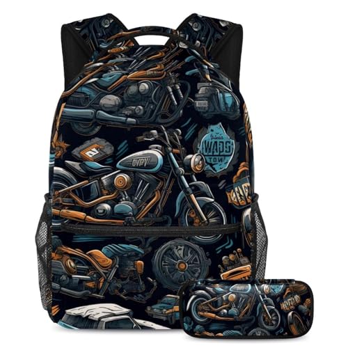 Sac à dos moto avec trousse ensemble scolaire grand volume pour collège et voyage