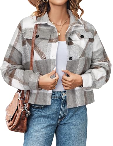 Zeagoo Damen Kurze Karierte Hemdjacke Langarm Holzfällerhemd Revers Button-Down-Bluse Flanell Shacket Mantel Grau XXL