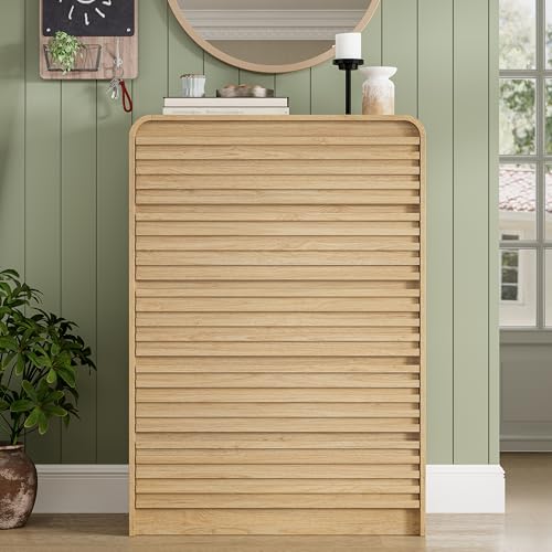 Image of 5 Drawer Dresser for Bedroom, 45 inch Tall Fluted Dresser with Curved Edge and Ergonomic Handleless, Large Wooden Clothes Storage Organizer, Modern Chest of Drawers for Closet, Living Room, Natural Wood