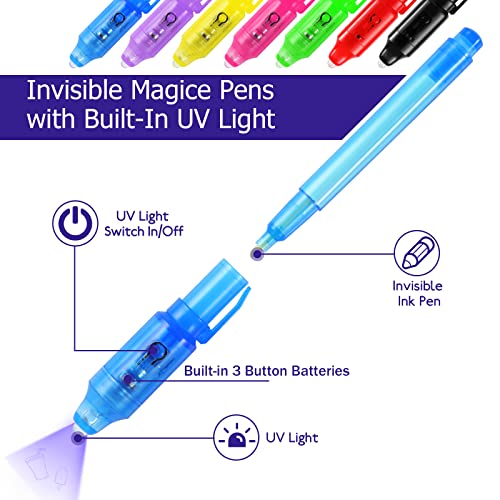DazSpirit 14 Stück Geheimstift Notizbuch Partytüte Füller für Jungen und Mädchen, Zauberstift mit UV-Licht für Kinder, Unsichtbarer Stift Spy Pen zum Schreiben Geheimer Nachrichten